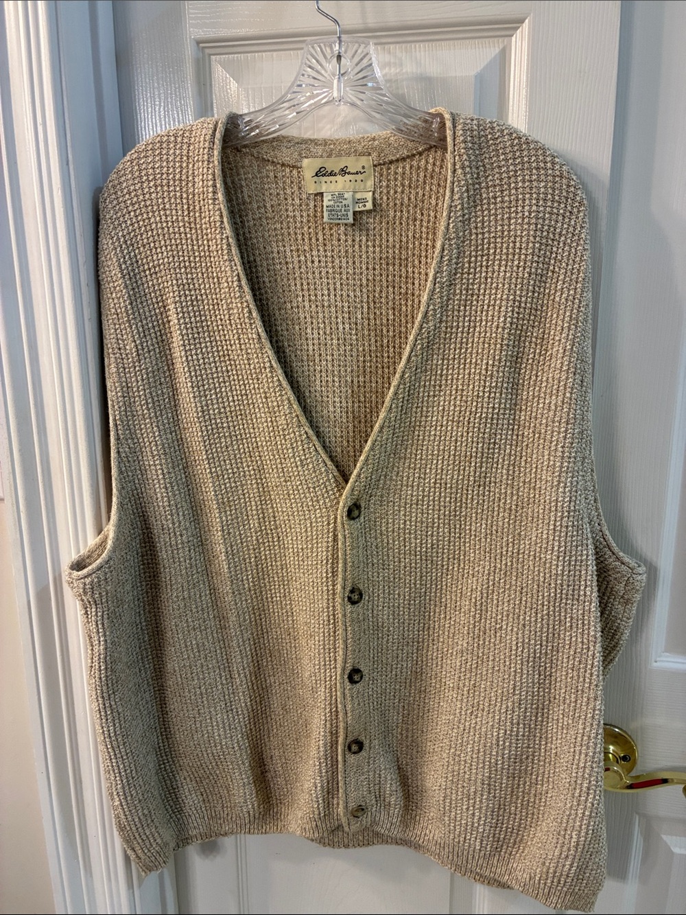Vintage Eddie Bauer Oatmeal Cotton USA Made  Button-Front Sweater Vest SZ L
